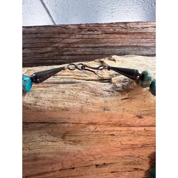 Vintage Turquoise Nugget Bead Necklace Sterling Silver Ends Hook Clasp Southwest - Picture 4 of 11